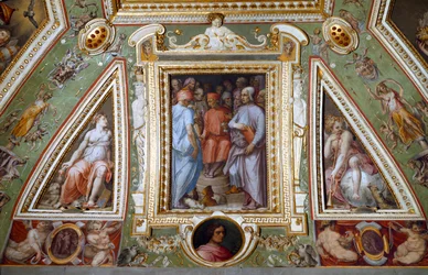 (Detail) des Raumes von Cosimo de Medici, der sich selbst mit Künstlern und Intellektuellen darstellt (Fresko)