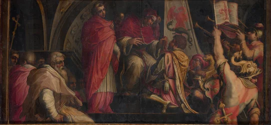 Papst Clemens IV. übergibt seine Insignien an die Kapitäne der Guelfenpartei, 1563-1565