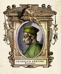 Porträt von Spinello Aretino (geb. Spinello di Luca Spinelli) (1350-1410) Gravur aus „Viten“ von Giorgio Vasari, 1568