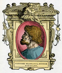 Porträt von Vittore Carpaccio (1460-1526), venezianischer Maler. Gravur aus dem Werk „Le Vite de