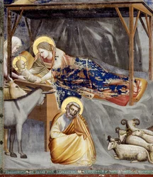 Die Geburt Christi, Detail (Maria und Kind, der Esel und Joseph)
