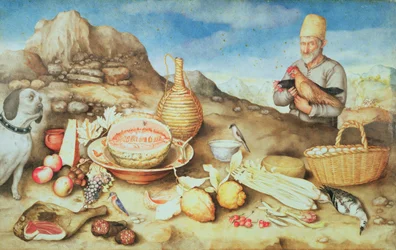 Stillleben mit Bauer und Hühnern