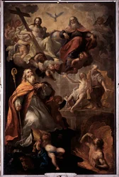 Darstellung des Heiligen Nikolaus von Bari und der Heiligen Dreifaltigkeit: Gott, Jesus Christus und die Taube des Heiligen Geistes. Gemälde von Andrea Carlone (1639-1697) Kirche Santa Margherita, Santa Margherita Ligure, Italien