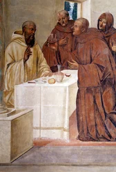 Benedikt zerbricht ein Glas vergifteten Weins durch das Kreuzzeichen (Detail)