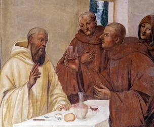 Benedikt zerbricht ein Glas vergifteten Weins, indem er das Kreuzzeichen macht (Detail). Kreuzgangfresko von Antonio Bazzi, genannt Il Sodoma (1477 - 1549), das das Leben des Heiligen Benedikt von Nursia (480 - 567), Gründer des Benediktinerordens, erzählt