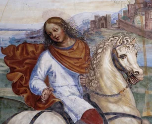 Benedikt verließ das Haus seines Vaters und ging nach Rom, um zu studieren (Detail). Kreuzgangfresko von Antonio Bazzi, genannt Il Sodoma (1477 - 1549), das das Leben des Heiligen Benedikt von Nursia (480 - 567), Gründer des Benediktinerordens, erzählt. 15