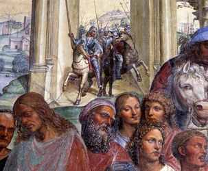 Wie Benedikt den jungen Römern Maurus und Placidus begegnet. Detail des Gefolges junger Männer, die Rom verlassen - Fresko des Kreuzgangs von Antonio Bazzi, genannt il Sodoma (1477-1549), das vom Leben eines Heiligen erzählt