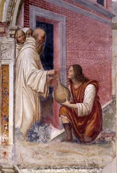 Wie Benedikt eine Flasche Wein in eine Schlange verwandelt, die ein Diener vor ihm versteckt hat (Detail) (Fresko von Antonio Bazzi)