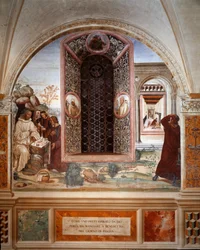 Wie ein Priester Benedikt zu Ostern Essen brachte - Fresko des Kreuzgangs von Antonio Bazzi genannt il Sodoma (1477 - 1549), das das Leben von St. Benedikt von Nursia (480 - 567) erzählt, Gründer des Benediktinerordens 1503 - 1508, Abtei von Monte Oliveto 