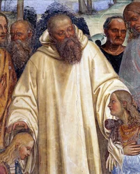 Der heilige Benedikt empfängt zwei junge Römer, Maurus und Placidus (der heilige Benedikt begegnet zwei jungen Novizen, Maurus und Placidus). Detail eines Kreuzgangfreskos von Antonio Bazzi, genannt Il Sodoma (1477-1549), das vom Leben des heiligen
