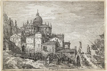 Landschaft mit Kirche, Häusern und Mühle