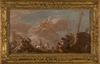 Skizze für die Decke der Banque Royale: Das Entladen von Waren aus Louisiana am Seineufer, 1720