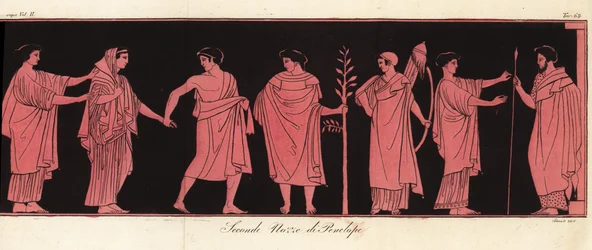 Die Braut Penelope im Hochzeitskleid mit ihrer Pronuba oder Ehrendame