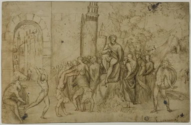 Akrobaten, die vor einem Herrscher auftreten (recto); Außenszene mit einer Gruppe von Figuren (verso)