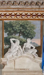 Gästeunterkünfte, Zimmer der ländlichen Szenen: monochromes Fresko, das einen Satyr und eine Mänade darstellt