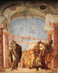 Minerva hält Achilles davon ab, Agamemnon zu töten, von Giambattista Tiepolo, Fresko, Iliadenzimmer, Villa Valmarana 
