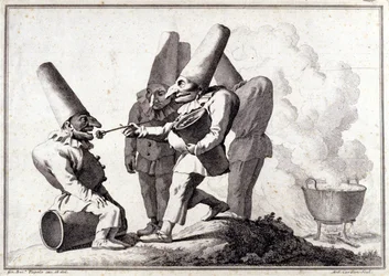 Die Gruppe von Pulcinella (italienischer Polichinelle). Zeichnung in Feder und Waschung auf Bleistiftmarkierung von Giovanni Battista (Giambattista) Tiepolo (1696-1770)