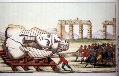 Transport der Büste von Memnon am Ufer des Nils durch Belzoni. Giovanni Battista (Gianbattista) Belzoni (1778-1823), italienischer Entdecker und Archäologe, machte wichtige archäologische Entdeckungen in Ägypten. Gravur - in „Viaggio in Egitto e...