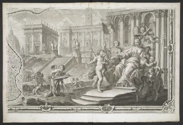Eine weibliche Figur wird gekrönt, aus Nuova Pianta di Roma, data in luce de G. Nolli