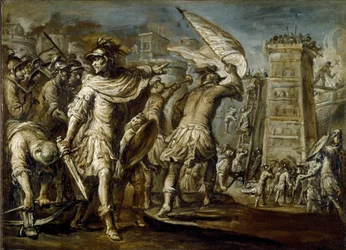 Erster Kreuzzug: „Der genuesische Condottiere Guglielmo Embriaco während der Eroberung Jerusalems“ Es ist der Ursprung eines Angriffsturms, der aus den Hölzern der genuesischen Schiffe gebaut wurde. Monochrom-Gemälde von Giovanni Battista Carlone