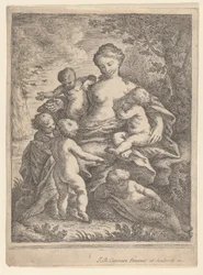 Nächstenliebe, sitzend in einer Landschaft, umgeben von fünf nackten Kindern, 1692-1727