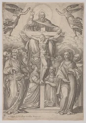 Die Dreifaltigkeit, mit der Kreuzigung in der Mitte und Heiligen zu beiden Seiten, 1586