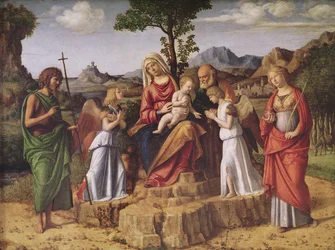 Heilige Konversation (die von Engeln, der heiligen Lucia und Johannes dem Täufer umgebene Heilige Familie) bei einem Halt vor der Flucht nach Ägypten, ca. 1490