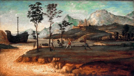 Küstenlandschaft mit zwei Männern, die ein Duell ausfechten