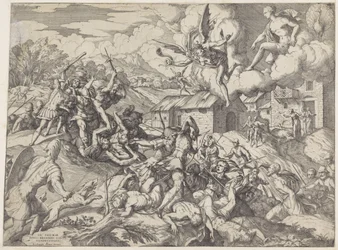 Soldaten von Aeneas kämpfen mit Dienern von König Latinus