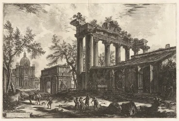 Altra Veduta degli avanzi del Pronao del Tempio del Concordia (Eine andere Ansicht der Überreste des Pronaos des Tempels der Concordia [des Tempels des Saturn mit dem Bogen des Septimius Severus im linken Hintergrund]), aus Vedute di Roma (Ansichten von Ro