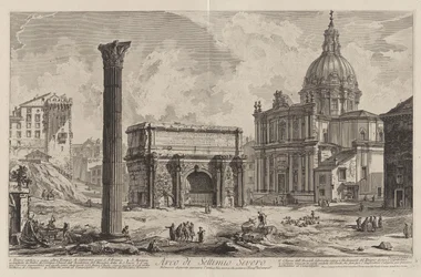 Bogen des Septimius Severus. Durch dessen Mitte verlief die antike Via Sacra, die die Triumphatoren zum Kapitol führte (Bogen des Septimius Severus, durch den die antike Via Sacra verlief, die die Sieger zum Kapitol führte, mit der Kirche Santi Luca e
