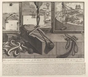 Demonstrationstafel zeigt Technik zum Heben von Travertin- und Marmorblöcken für den Bau..., 1756