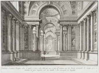 Imaginärer antiker Tempel, entworfen im Stil jener Tempel, die zu Ehren der Göttin Vesta erbaut wurden: In der Mitte befindet sich der große Altar, auf dem die Vestalinnen das unauslöschliche heilige Feuer bewahrten...