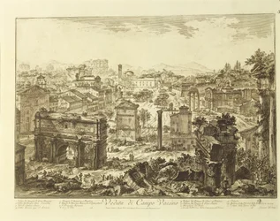 Italien, Rom, Blick auf Campo Vaccino (Forum Romanum) mit dem Bogen des Septimius Severus