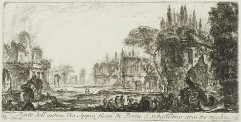 Teil der antiken Via Appia etwa drei Meilen außerhalb von Porta S. Sebastiano, Tafel 19 aus Einige Ansichten von Triumphbögen und anderen Denkmälern