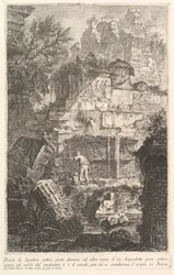 Ruinen eines antiken Grabmals vor Ruinen eines antiken Aquädukts, ca. 1750