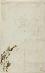 Blatt mit Skizzen: Stehender Mann mit erhobenem Arm, Cherubim