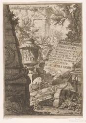 Titelblatt mit Titel auf Marmorblock in einer Landschaft mit Ruinen