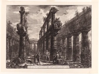 Ansicht der Überreste der zwei Säulenreihen im Tempel des Neptun, die ursprünglich die Kolonnaden entlang der Seiten der Cella bildeten und den obersten Teil des Daches stützten, aus Verschiedene Ansichten von Paestum