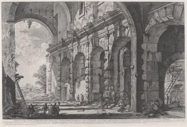 Ansicht des oberen Stockwerks der Käfige für wilde Tiere, gebaut vom Kaiser Domitian, verbunden mit dem Flavianischen Amphitheater und allgemein als Curia Hostilia bezeichnet, ca. 1760-1778 (Radierung)