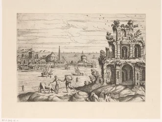 Stadtansicht mit Ruinen und Fantasie-Architektur am Wasser