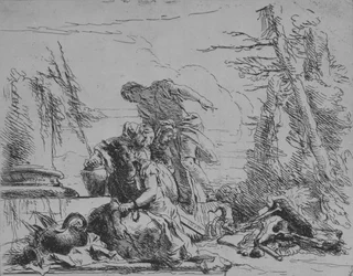 Gefesselte Frau und andere Figuren, die einen Scheiterhaufen von Knochen betrachten, aus den Capricci, 1743