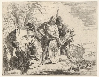 Drei Figuren und eine Schlange, die sich um einen Stab windet, umgeben von einer Landschaft, der ce..., 18. Jahrhundert