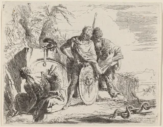 Junger Soldat mit Philosoph und sitzender Frau
