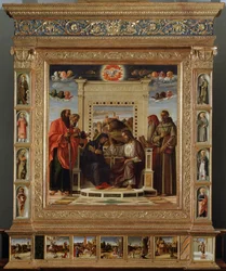 Altarbild Bellini: Zentralteil Krönung der Jungfrau zwischen St. Peter und St. Paul (links) und St. Hieronymus und St. Franziskus von Assisi (rechts). Ölmalerei von Giovanni Bellini. Ca. 1475
