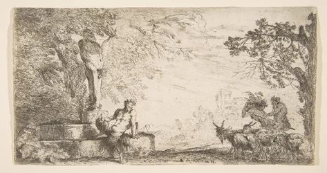 Ein Satyr, der am Fuß einer Statue des Priapus liegt, Ziegen rechts, ca. 1645-48