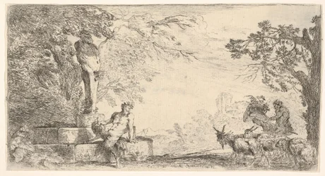 Ein Satyr ruht am Fuß einer Statue des Priapus, Ziegen rechts, ca. 1645-48
