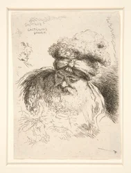 Ein alter Mann mit großem Bart, von vorne gesehen, Kopf und Augen gesenkt, aus der Serie Les petites têtes