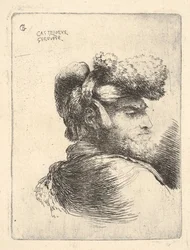 Mann im Profil nach rechts gewandt, mit Pelzmütze, aus der Serie Kleine Köpfe in Orient, ca. 1645-1650