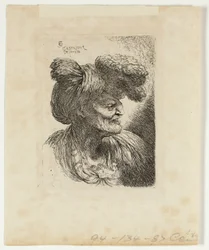 Alter Mann mit einem mit Pelz verzierten Turban, nach rechts blickend, aus kleinen Studien von Köpfen in orientalischer Kopfbedeckung